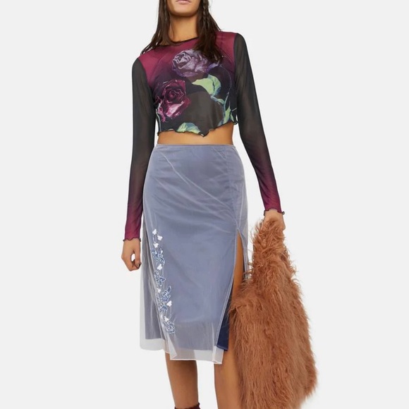 Like New Dollskill Mesh Kiss My Rose Cropped Top Black Magenta Lime Green V Cut - Picture 2 of 3